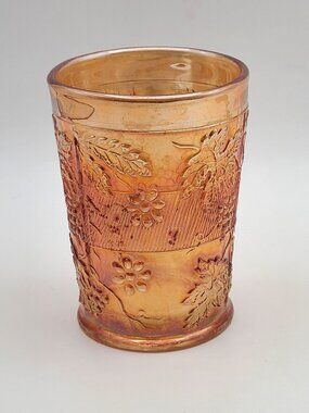 Dugan Antique Marigold Carnival Glass Floral and Grape Tumbler 4"